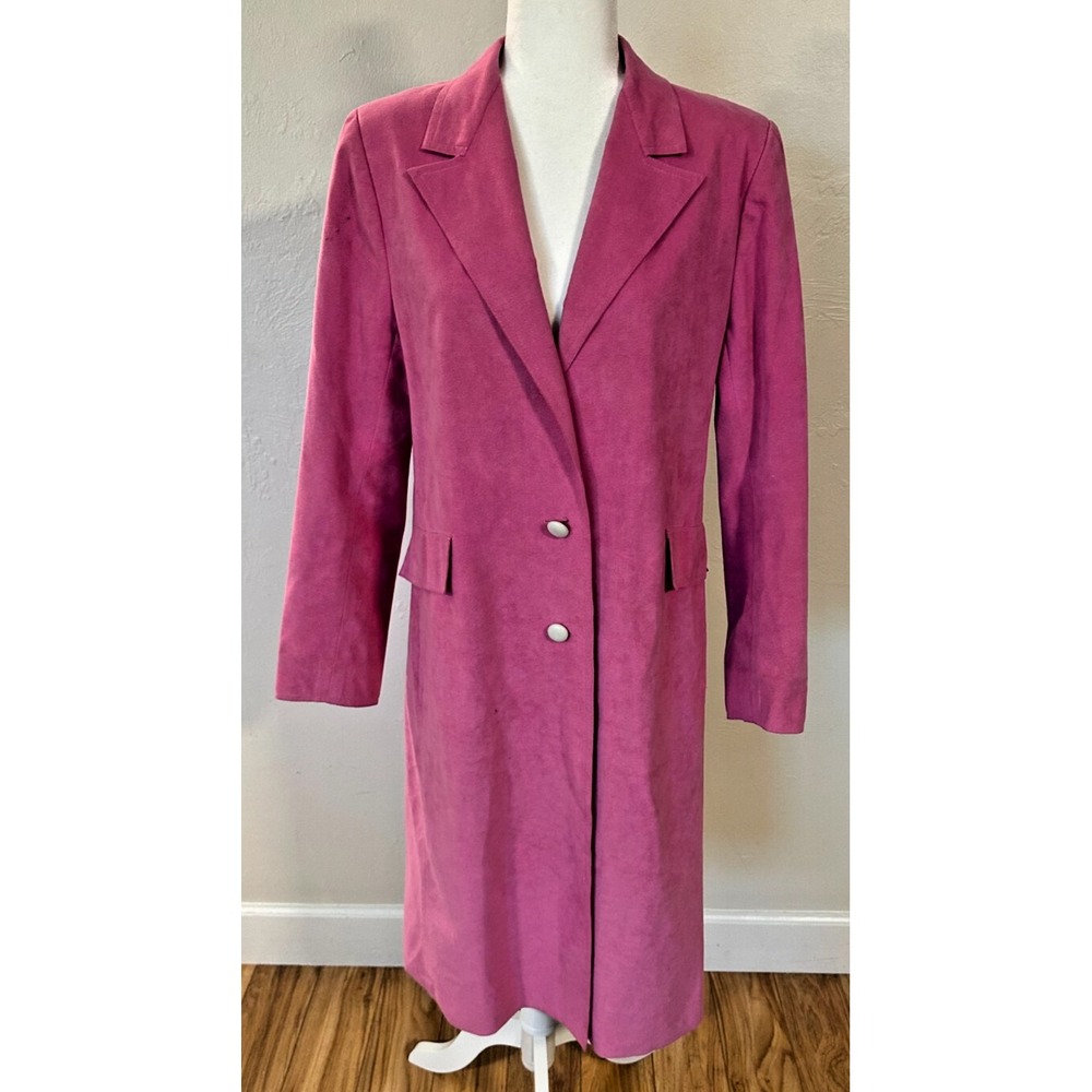 Vintage Women's Ultrasuede‎ Bubble Gum Electric Pink Long Trench Coat Size 6 - Picture 2 of 13
